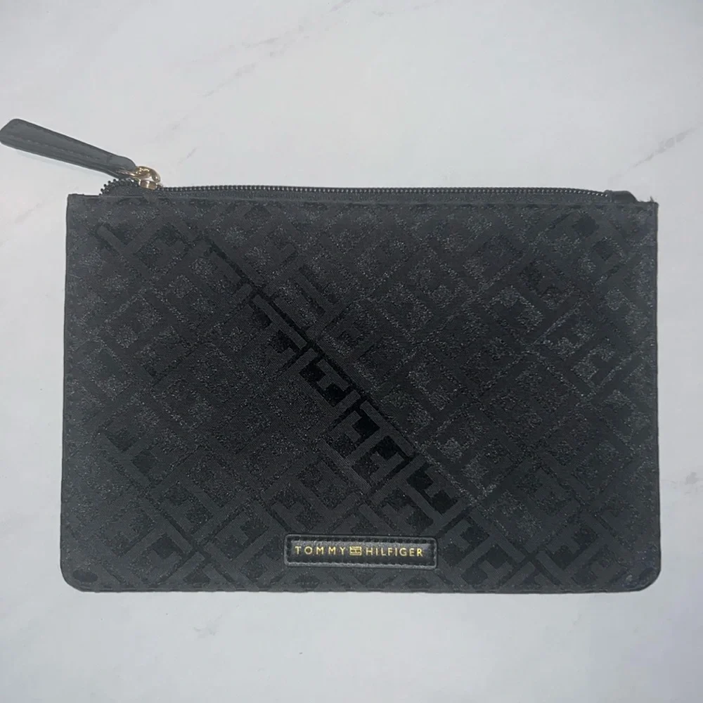 Tommy Hilfiger black clutch pocket bag purse slim gold metal zipper bag 9” x 6” - Picture 1 of 11